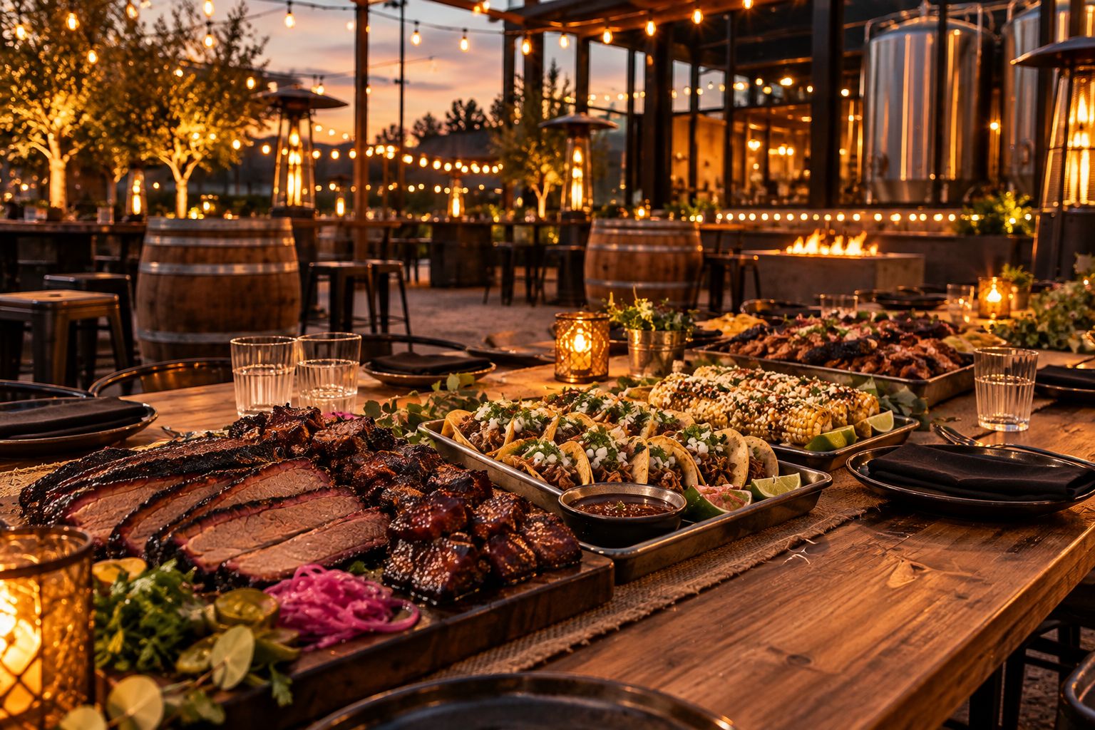 Evening catering setup with long tables, string lights and trays of food