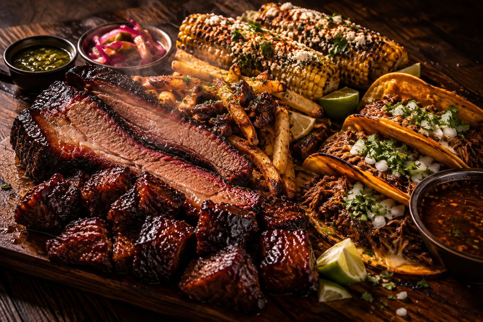 Smoked brisket, burnt-end fries, birria tacos and charred corn on a wooden table