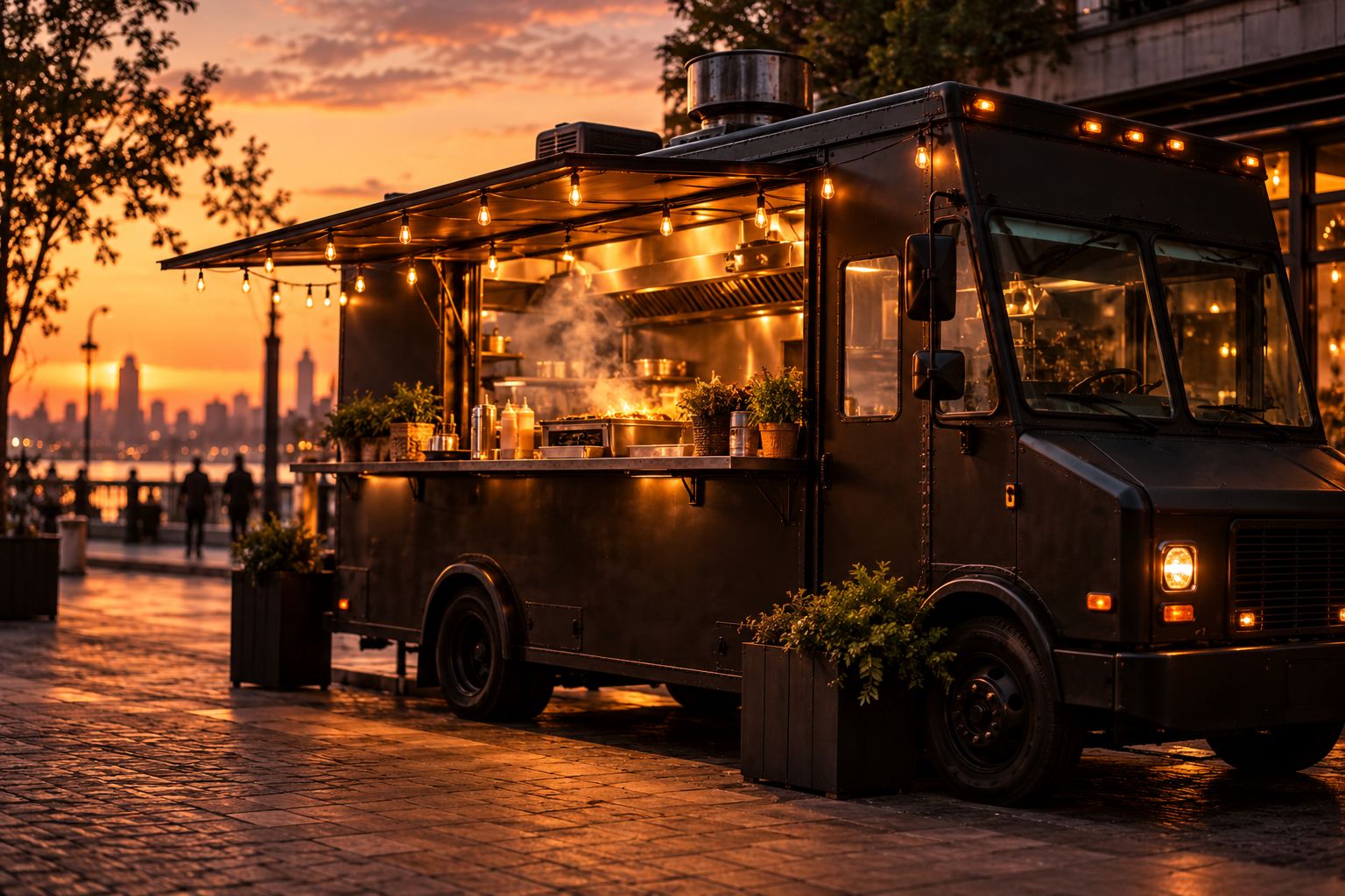A black food truck with string lights parked at sunset with smoke rising from the grill