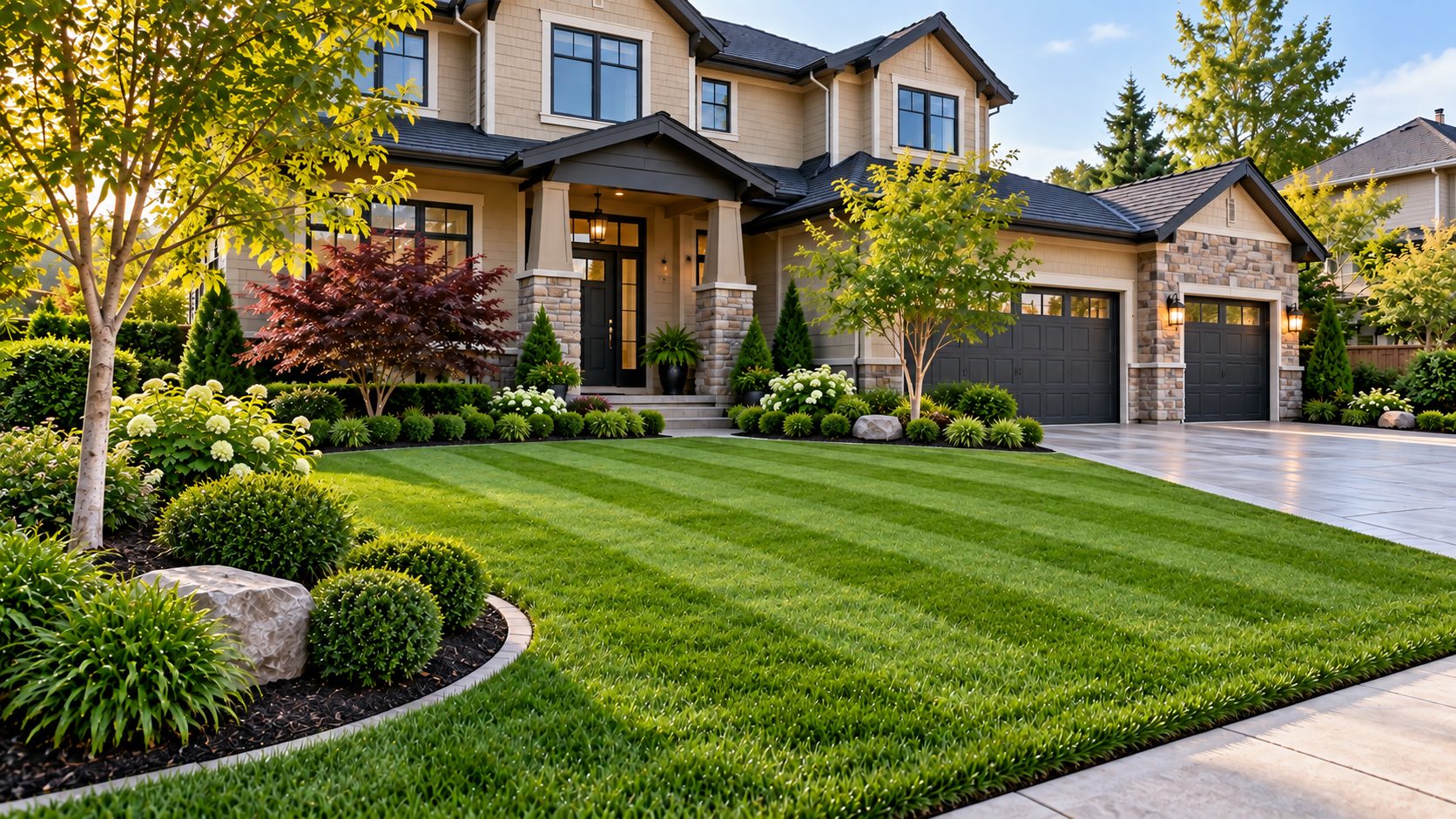 Sample image of the same front yard, freshly mowed with crisp edges and fresh mulch