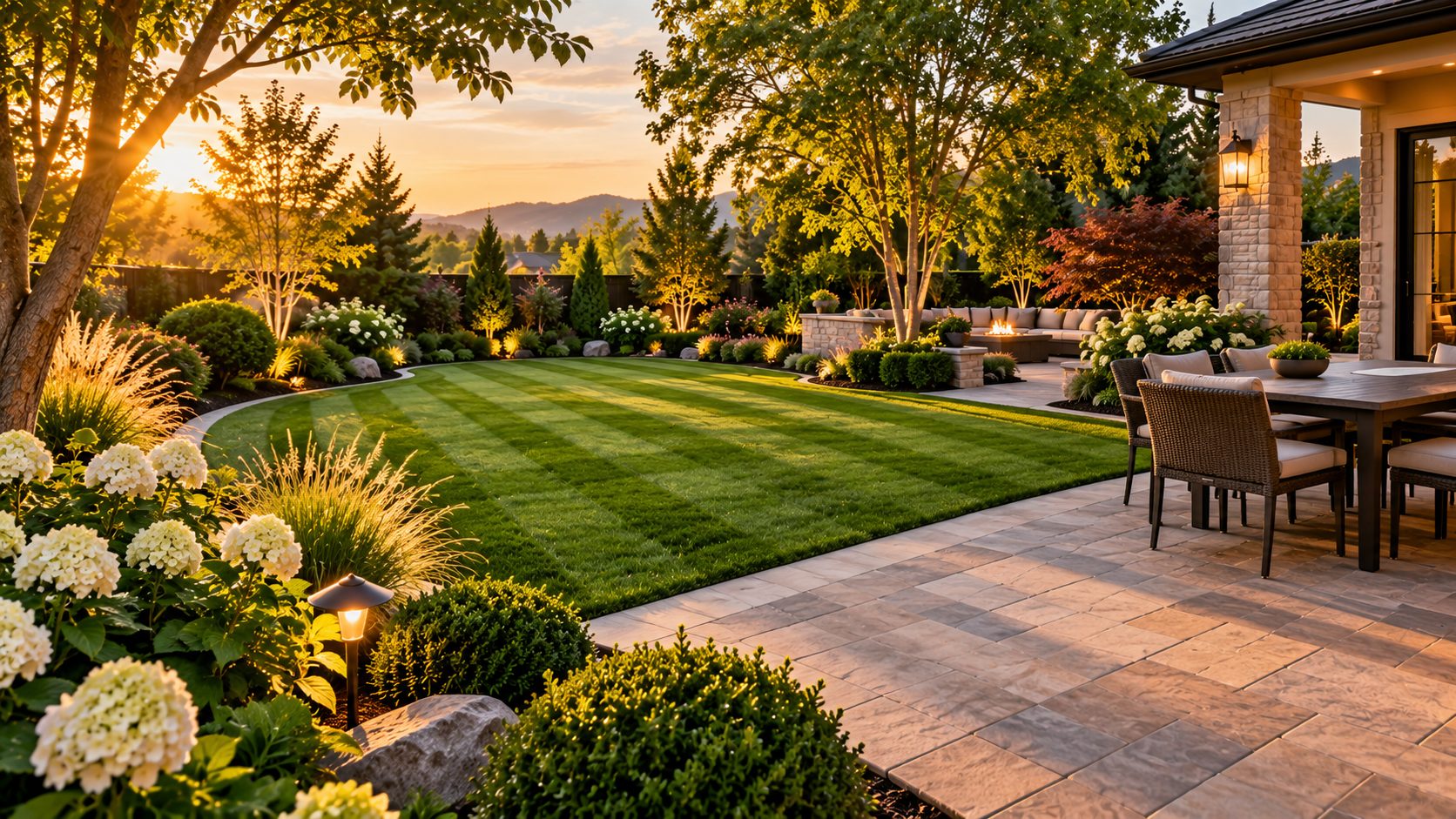 A landscaped backyard with a clean striped lawn, stone patio and layered planting beds