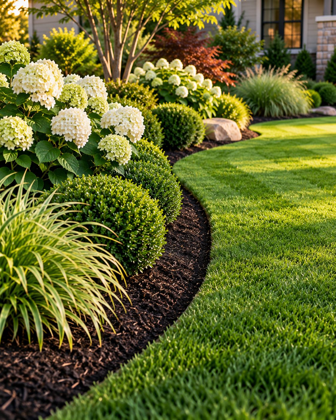 Sample image of a crisp lawn edge beside a mulch bed with boxwood, hydrangeas and ornamental grasses