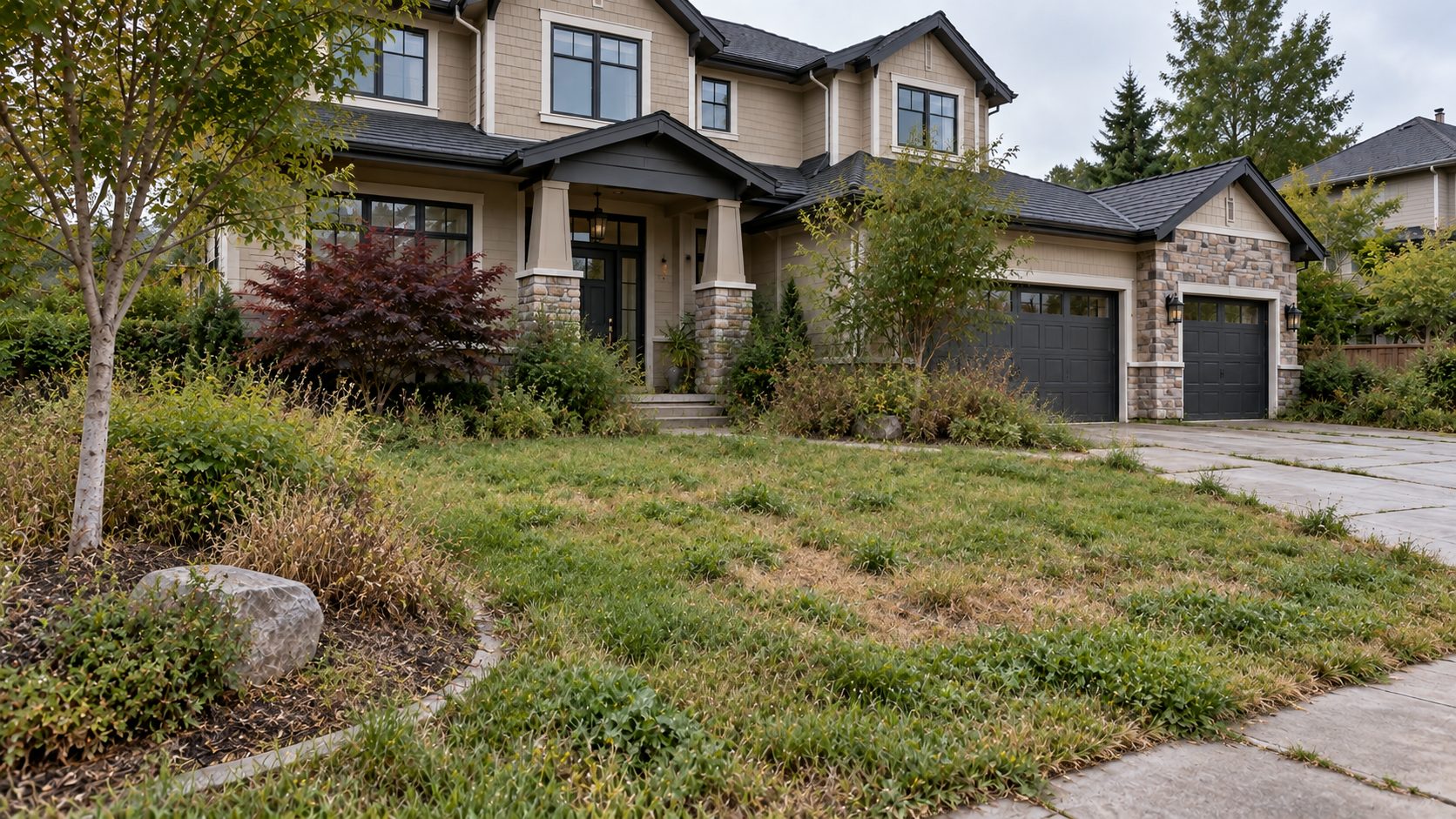 Sample image of an overgrown, patchy front yard