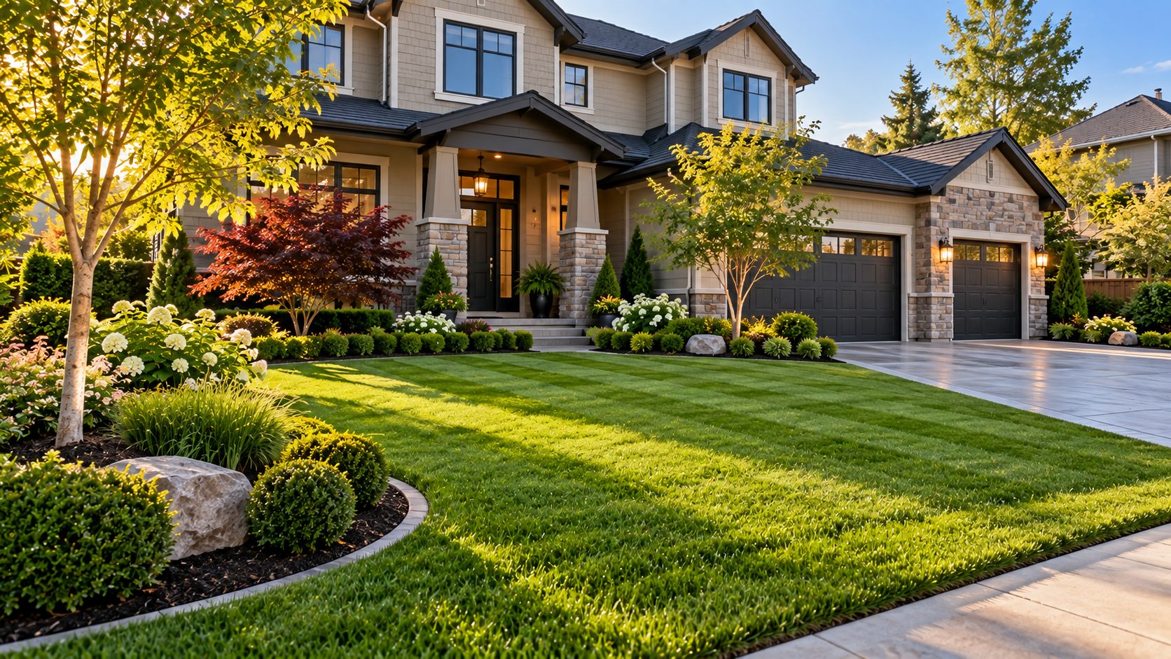 Sample image of a neat front lawn with layered planting beds and a paved driveway