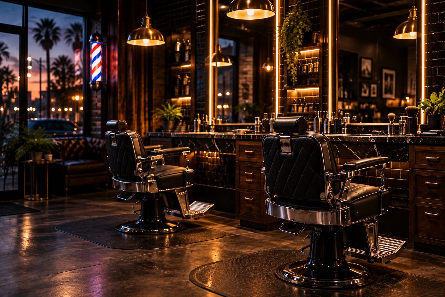 Inside a modern barbershop with leather chairs, mirrors and brass lights