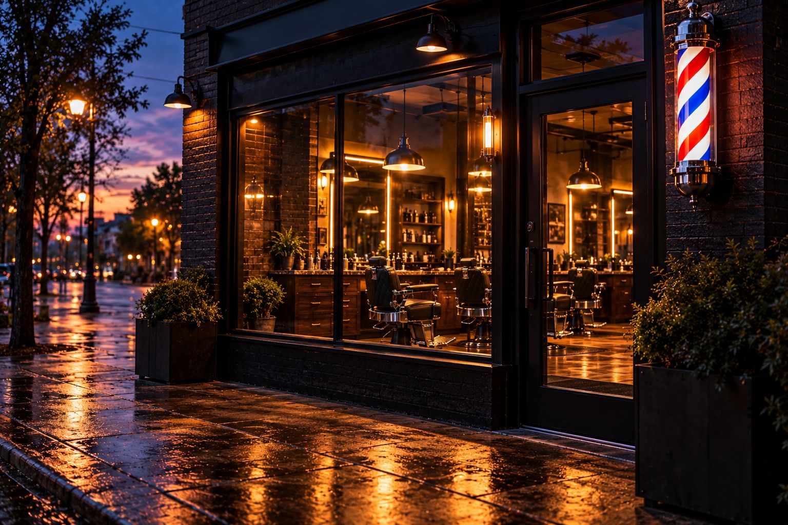 Barbershop storefront at dusk with a barber pole beside the door