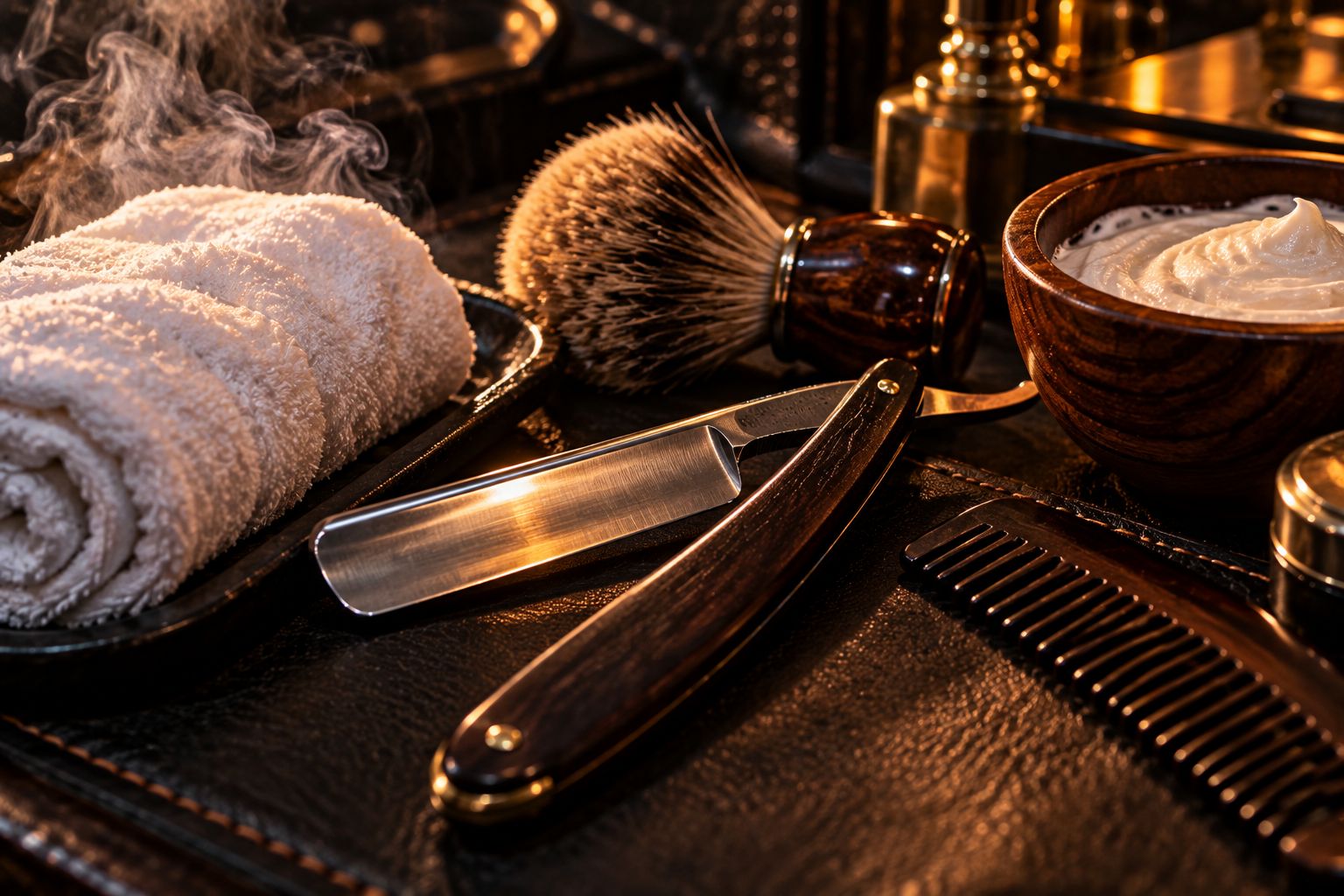 Straight razor, hot towel, brush and shaving soap on dark leather